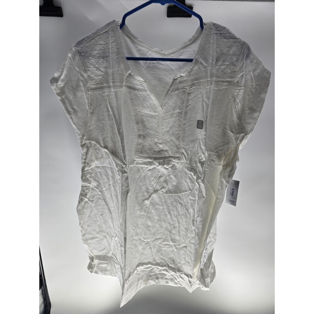 Catherines White Slub Knit Lace Trim Split Neck Tee Shirt Plus Size 2X 22/24 NEW